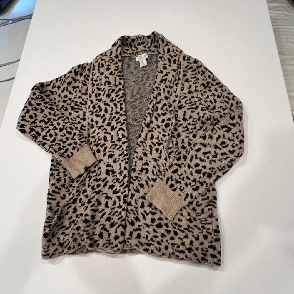Rachel Zoe Womens Leopard Print Open Front Cardigan Tan Black Animal Knit Medium